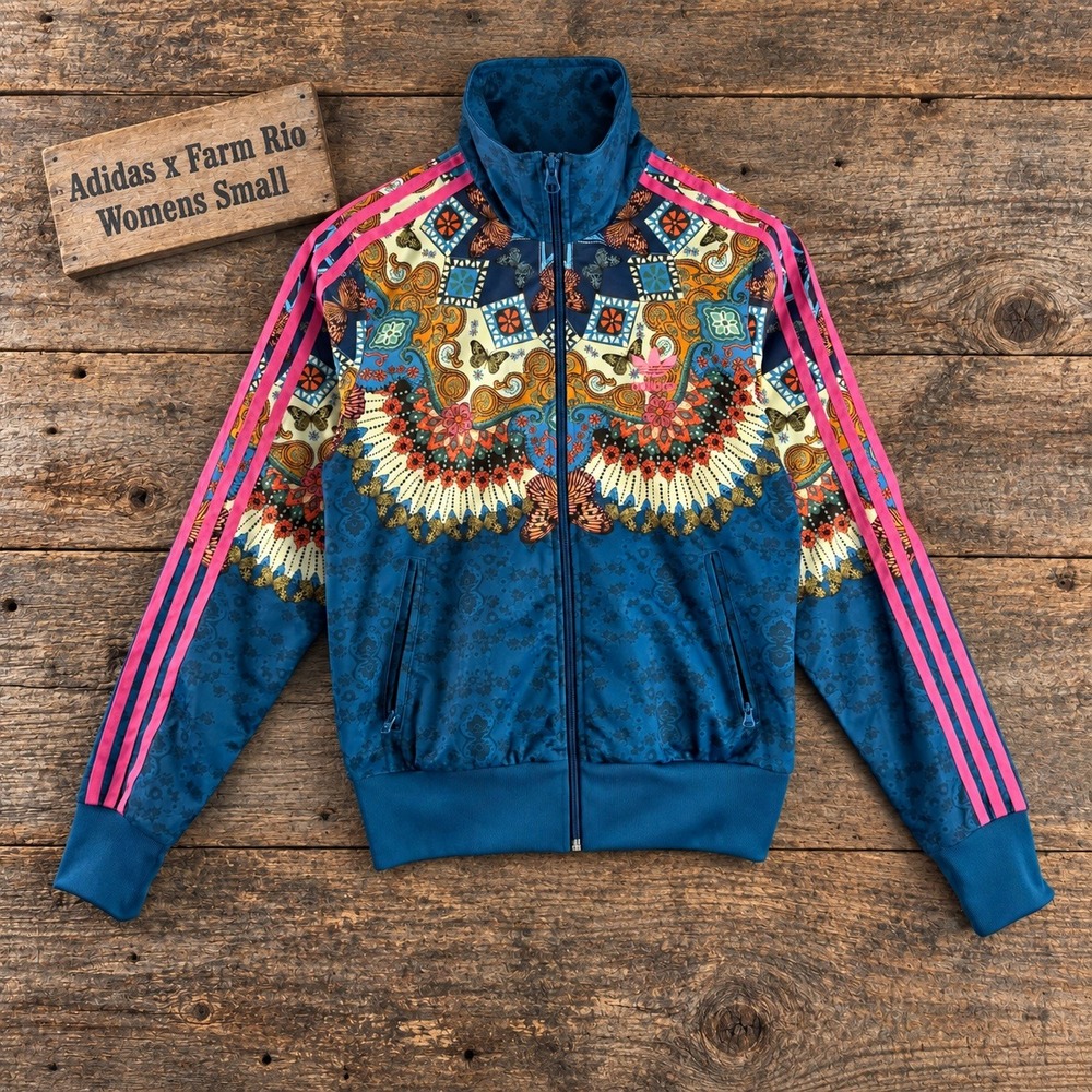 Adidas x Farm Rio Womens Small Track Jacket Blue Butterfly Floral Print Zip Up